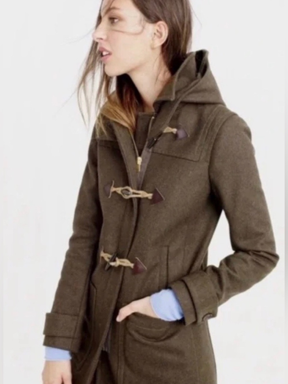 J. Crew Olive Green Hooded Wool-Blend Pea Coat with Toggle Closures